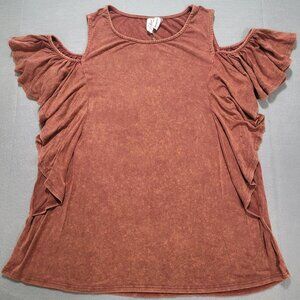 NWT - L LOVE Mineral Wash Rust Rayon Knit Ruffled Cold Shoulder T-shirt Top S